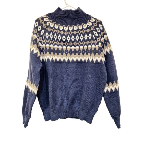 LARPOPKC Women's Navy Poly Knit Pattern High Neck Raglan Sleeve Sweater NEW - Picture 4 of 11